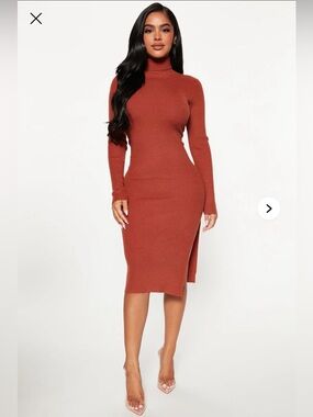 Fashion Nova Rust Ribbed Turtleneck Midi Dress